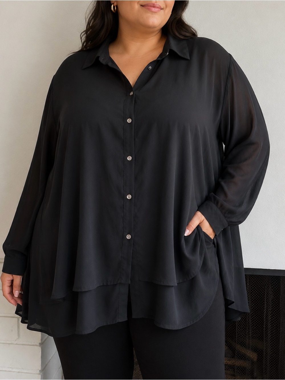 Lane Bryant Black Flowing Button-Down Blouse